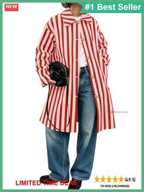 Oversized Striped Long Trench Coat Windproof Fall Overcoat